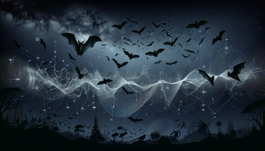 A dynamic representation of bats using their echolocation skills in the pitch-dark environment. The starless night sky provides an ominous background. Bats fly in diverse directions, their mouths open as they emit sound waves that bounce off surrounding objects and return to them, represented by thin lines illustrating this phenomenon. Subtle waves of different frequencies depict the echoes returning to the bats, aiding their navigation. Various objects such as trees, rocks and insects are also present, subtly outlined by the returning waves to demonstrate how the bats perceive their environment, all without the presence of any humans, text or brand names.