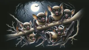 Illustrate an artwork featuring a group of infant fruit bats playfully perched on the delicate limbs of a soft, nighttime tree. Each baby bat, or pup as they are referred to, should be shown with dark fur and large, round, curious eyes peeking curiously out. The tree should appear to be in a typical dark, cavernous setting in which bats thrive with the moon barely illuminating the scene from above. No humans, brand signs, logos, or other extraneous objects are to be present in this purely animal-centric scene.