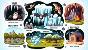 A cartoon-like representation of natural causes that could pose a threat to bats. The image includes elements such as caves with stalactites, extreme cold weather symbolized by ice and snow, and predators like owls and snakes. There should also be an illustration of an orchard filled with pesticides or a wind turbine to represent human interventions that could harm bats. No people, text, brand names or logos should be present in this image.