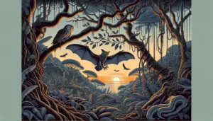 An illustrative depiction of a jungle scene at dusk with a large owl swooping down to catch a bat in flight. The bat's wings are fully expanded, showcasing its distinctive silhouette against the setting sun in the background. Tall trees with large, detailed leaves and winding branches dominate the surroundings. A snake lies on a nearby branch, eyeing the same bat as its potential prey. Intertwined vines hang from the trees creating a dense jungle-like atmosphere. The ground is carpeted with thick foliage, ferns, and small nocturnal creatures stirring in the underbrush.