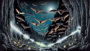 A detailed and meticulously illustrated depiction of bats in a nocturnal setting. They are in motion, taking off from a cave entrance, soaring against a resplendent night sky dotted with gleaming stars. The pulsating sound waves traveling from their mouths are visible, representing their capacity for echolocation. Coming at them are a myriad of insects, glowing softly in the dark. Some sound waves are shown bouncing off these insects, highlighting the echo that guides them to their prey. The scene also depicts sound waves bouncing off the jagged rocks and trees around them, hinting at their navigational prowess.