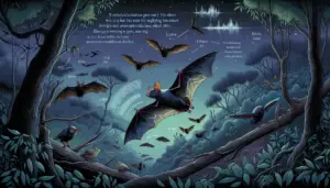 Illustrate a scene depicting the unique abilities of bats, which allow them to see and avoid obstacles while flying. The scene should demonstrate the echolocation process of a bat, perhaps it's emitting an ultrasonic sound while flapping its wings mid-flight navigating a dense forest at dusk. The bat should be avoiding various obstacles such as tree branches, leaves, or even insects. Make sure that there are no humans, text, brand names, logos, or any items with text in the scene.