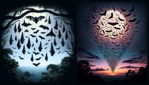 An intriguing image depicting the characteristic traits of bats. On one side, showcasing a peaceful imagery of numerous bats hanging upside down on a tree branch, representing a roosting scene. On the other side, a contrasting scene of bats dispersing against the dusk sky indicating their departure for night hunting. This signifies their flying scene, with the bats' wings being spread in various positions, creating an almost noisy visual due to their sheer numbers. The nighttime scenery should exude a sense of tranquility but also the mystery inherent in the bats' nocturnal lifestyle. Remember, the image should be void of any human presence, textual element, or brand logos.