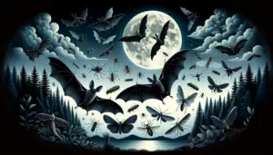 An image depicts a detailed nature scene at night illuminated by lunar glow. It includes various bats in active flight, their wings outstretched in various poses. One bat is shown focusing its sonar towards its intended prey. In the midground, small mosquitoes, moths, beetles, and other insects are scattered, symbolizing the typical diet of bats. The background features a dark forest silhouette and a cloud speckled full moon to complete this nocturnal scene. The image is to provide a vivid visual representation of what types of insects bats may eat, but does not contain any humans, text, brand names, logos or any references to them.