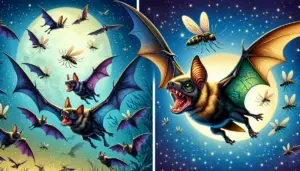 A vivid nighttime scene showcasing an array of bats soaring through the air. Their wings are spanned wide as they hunt, demonstrating their agile flight. Close-up, focus on a bat with its mouth open, aiming towards a mosquito in full flight. Make sure to illustrate distinguishing features of both, emphasizing the bat's sharp teeth and the mosquito's distinct shape. The background depicts a serene moonlit sky, stippled with tiny stars and soft wisps of clouds. Ensure there are no humans, text, brand logos, or identifiable products in the scene.