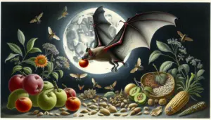 An intriguing depiction of a bat with a diverse diet, beyond insects. Its large, curved wings are firmly taut as it hovers in the night sky, a full moon illuminating its soft fur. Below it, a smorgasbord of food: seeds, nectar-rich flowers, and ripe fruits, indicative of its varied eating habits. Despite the array of delicious offerings, the bat's attention is fixated on a juicy fruit held delicly in its claws. There are no people, text or brand names within the scene. Tranquility prevails in this nocturnal scene of nature.