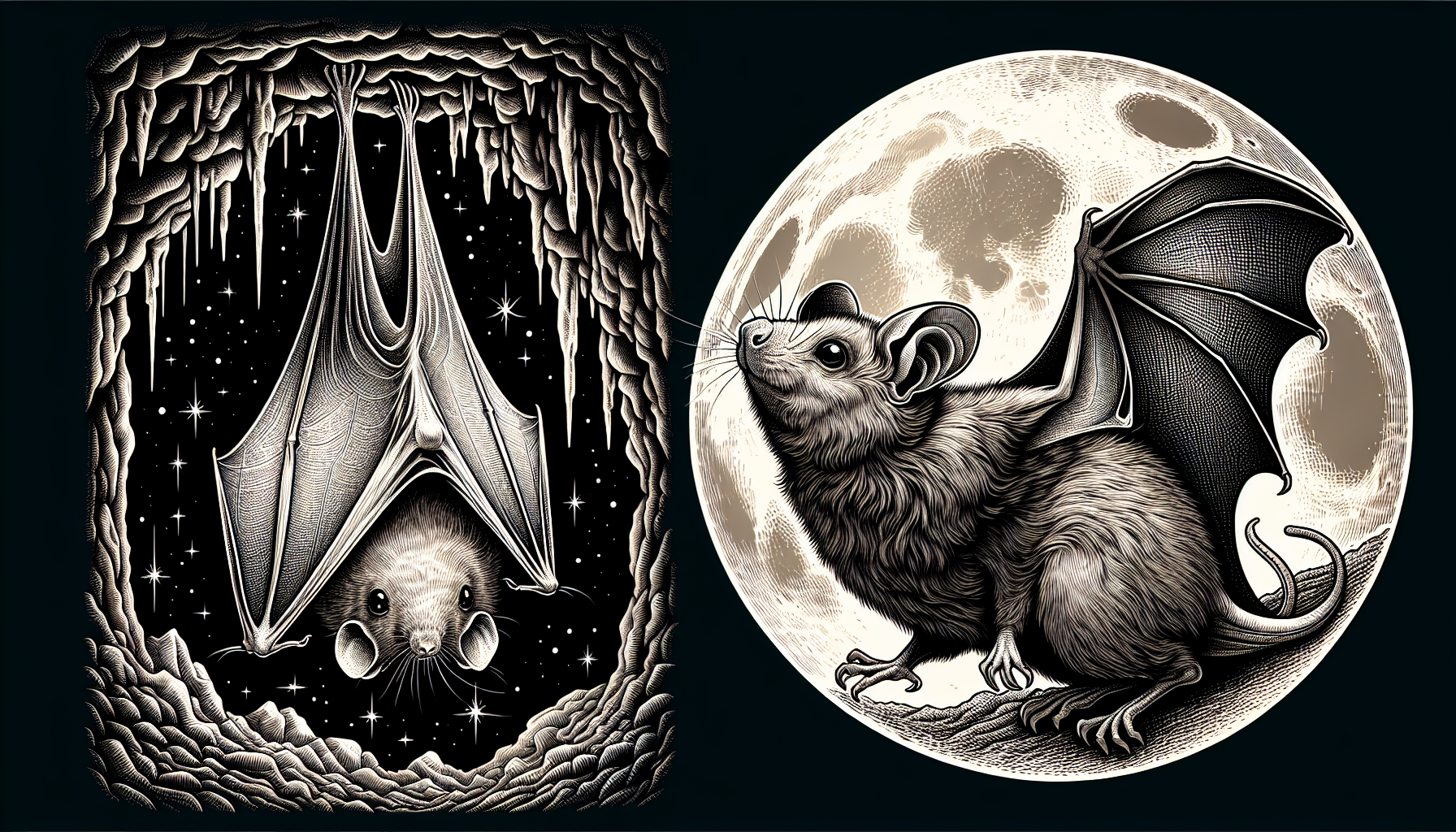 An intricate illustration depicting the world of bats. On one side, show a bat hanging upside-down from a cave ceiling, with its wings folded, showcasing its fuzzy body characteristic of mammals. On the other side, display a rodent-like creature with small rounded ears, protruding teeth, and a long tail, as a comparison. Maintain a natural setting with a moonlit night background but ensuring no presence of people, brand logos, or any text within the image.