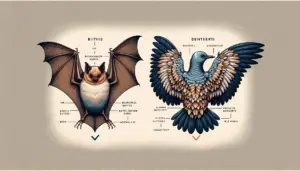 An educational illustration presenting the comparison between a bat and a bird. The bat to the left, with its wings unfurled, shows distinctive mammalian traits such as fur and the bone structure of its wings resembling a hand. The bird to the right, displays its feather-covered wings, showing clear avian characteristics like beaks and clawed feet. The background should be neutral, neither includes any human presence, text, nor brand symbols.