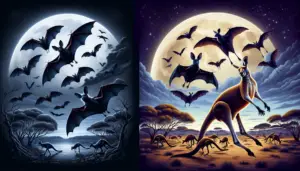 An array of flying bats with their wings spread, mid-flight in a night sky under a crescent moon. In comparison, a group of kangaroos in an Australian outback setting, hopping and grazing on the vegetation, are shown. Both animals are presented anatomically clearly to showcase their unique features. No people, text, brand names, or logos are present in the image.