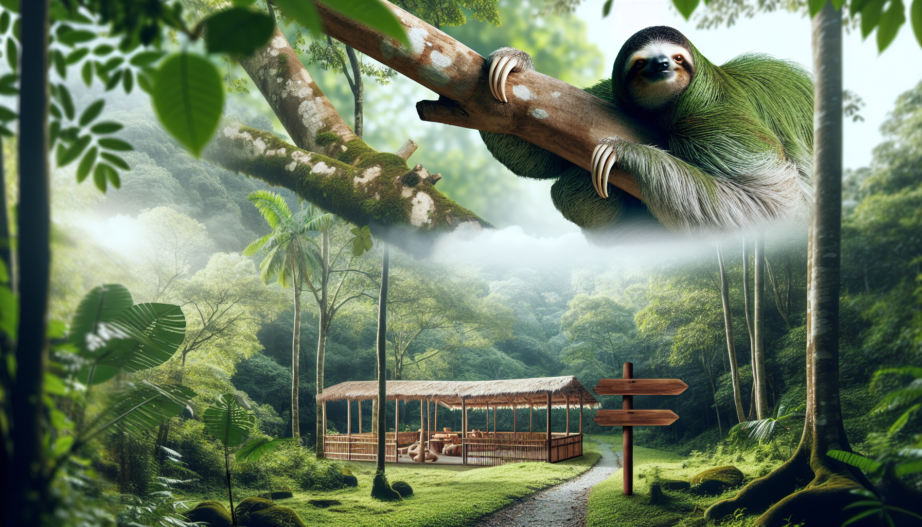 Picture the scene of an unspoiled lush rainforest for an article about 'The Lifespan of Sloths in the Wild and Captivity'. The image should focus on a healthy, mature sloth lazily hanging from a tree branch in its natural habitat with its iconic slow movement. Nearby, a traditional wooden sign, unbranded and without text, indicating the direction towards a carefully constructed enclosure symbolizing captivity. The enclosure is tastefully designed with non-branded elements to mimic the natural rainforest environment. Distant silhouette of other sloths can be seen in the enclosure. Maintain a serene and tranquil atmosphere throughout the image.