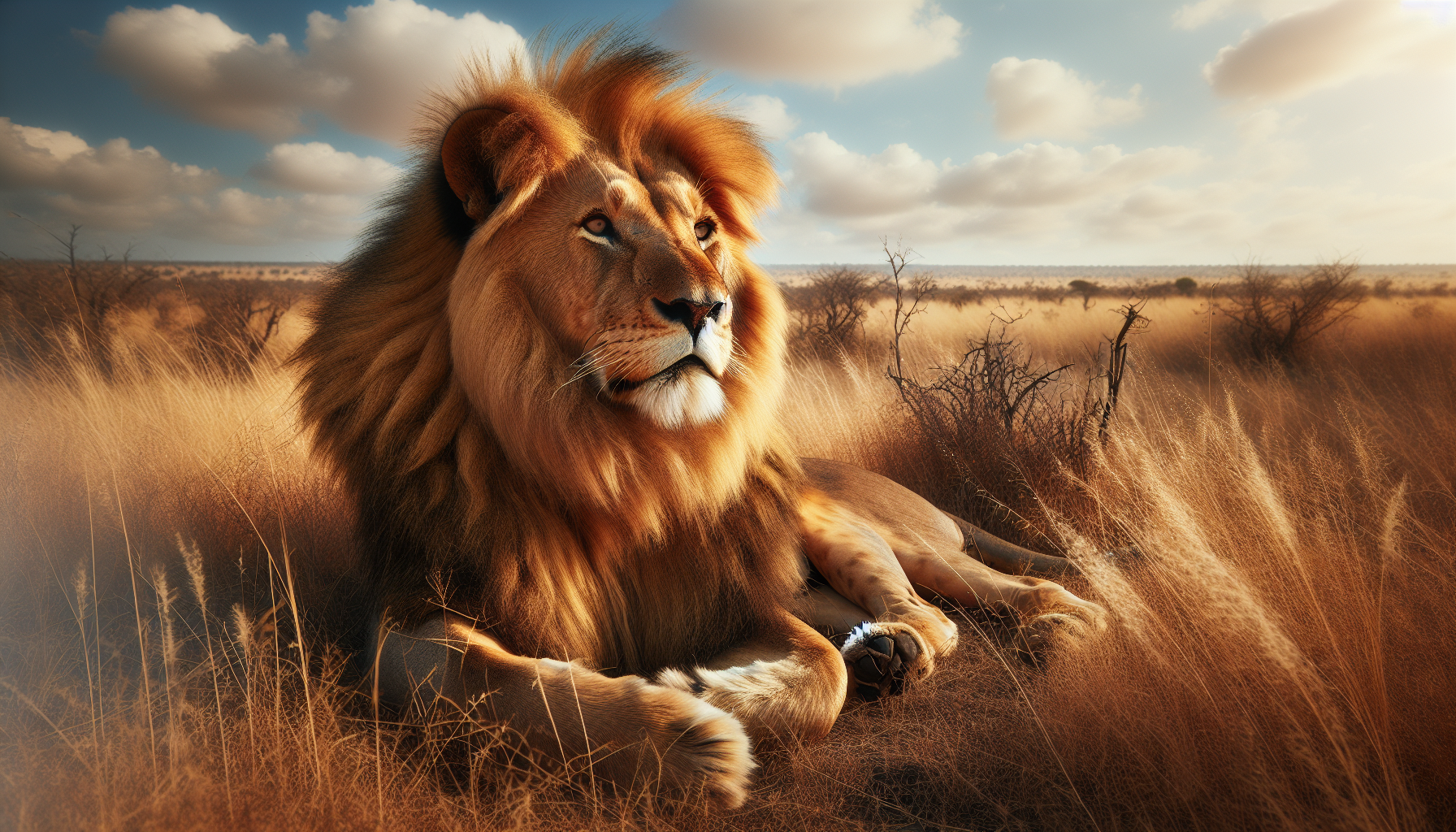 A powerful Southwest African lion known as the Katanga Lion with majestic golden fur and a magnificent mane. He's lounging relaxedly on the sun-baked savannah, surrounded by low brush and tall, dry grasses that echoes the golden hues of his coat. The sky above is wide and blue, with a few fluffs of cloud drifting leisurely, and in the far distance, you can just make out the faint outline of a mountain range. The overall scene radiates the tranquility and diffused warmth of a typical late afternoon in the African wilderness.