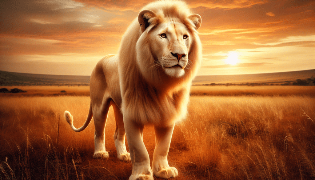 An image of an ivory-coloured lion, scientifically known as Panthera leo krugeri. This majestic creature is standing on an expansive African grassland, with a tawny-coloured savanna stretching into the horizon. The lion's distinct features, like its piercing eyes, a thick mane with a light golden hue, and a muscular build are evident. Contrasting the white hue of the lion, the background hosts the hues of a glorious sunset, washing the entire scene with a radiant, golden light. Note that the image contains no human figures, text, brand names, or logos.