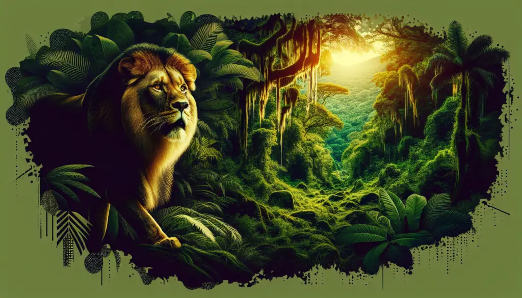 A graphic depiction of the Panthera leo azandica, also known as the Congo lion. The image captures the majestic beast in its natural habitat within the Congo rainforest. The lion, known for its iconic mane and powerful build, is standing on the edge of a lush jungle, its golden eyes scanning the surrounding foliage. The Congo rainforest is lavishly represented with dense, verdant trees and exotic plants. Remembering to abstain from including humans, text, brand names or logos in this depiction. The image must solely focus on illustrating the majestic beauty of the Congo Lion and the richness of its natural environment.