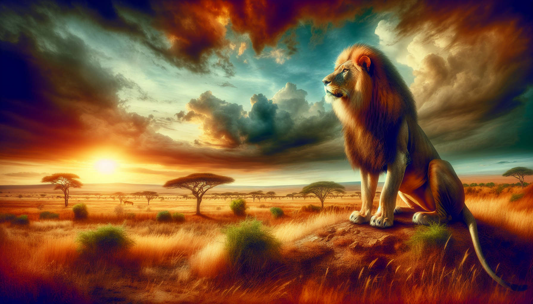 A vivid and lively representation of a Senegal Lion (Panthera leo senegalensis). It is in its natural environment, a dry African savannah under a partly cloudy sky. The lion, displaying its prominent mane, is seated on a small knoll surveying the wide expanse ahead. The high grass, shrubbery and acacia trees can be seen in the distance, indicative of the tough environment these majestic creatures inhabit. The setting sun in the horizon paints a warm glow across the scene. The image should have no people, brand names, logos or any text.