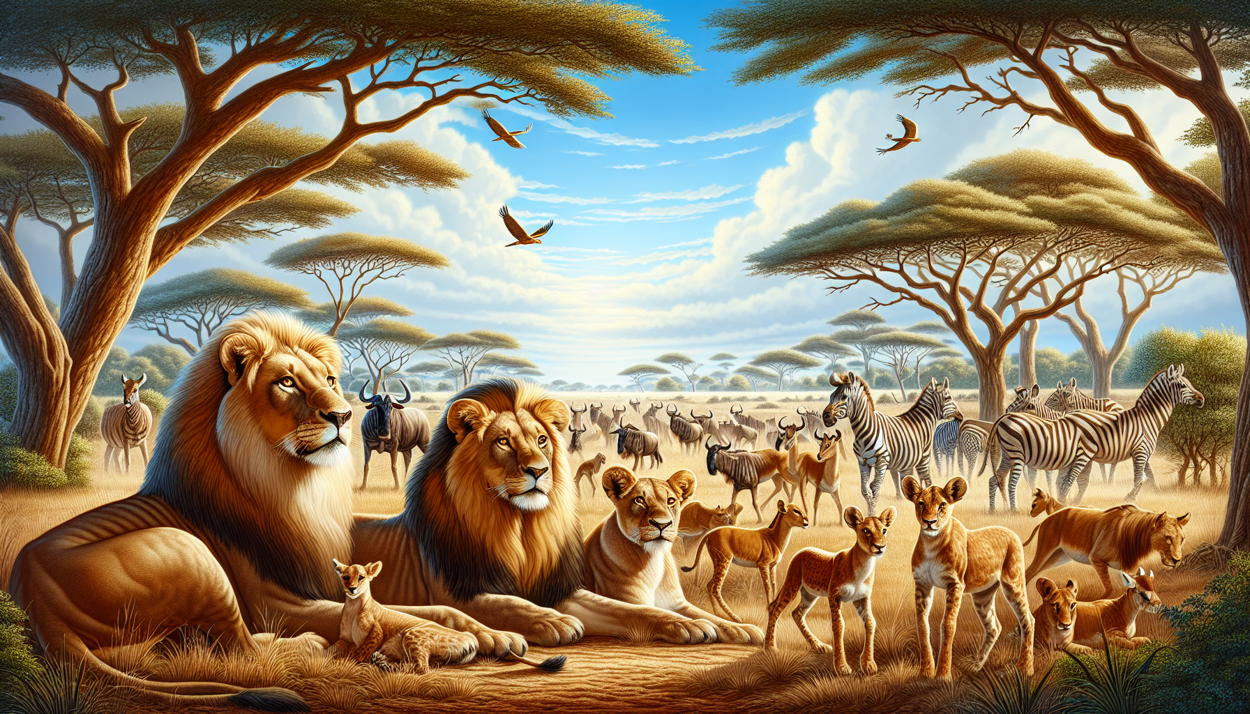 An African savannah scene during the day. In the foreground, a pride of lions, their golden fur glistening in the sunlight. Among them are dominant males with magnificent manes, lionesses, and playful cubs. In the distance are the lions' common prey: zebras, wildebeests, and antelopes still unsuspecting of the lurking danger. The trees of the savannah and a blue sky with fluffy white clouds serve as a backdrop. There are no humans, text, brand names, or logos present in the image.