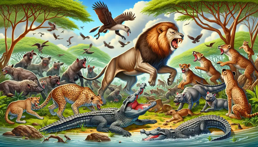 Illustrate a conceptual scene showing a variety of animals known to sometimes predate on lions in the wild. These include hyenas, crocodiles, and maybe even a young elephant defending itself against a lion attack. Create a dynamic natural environment with vivid detailed illustrations of these animals. Each creature should be significantly distinguished, and their interactions indicative of the title's subject matter. Exclude all text, people, brand names, logos, and copyrighted elements.