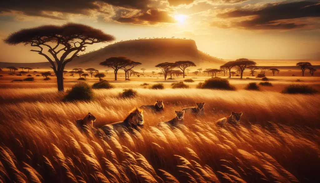 An extensive, undulating savanna under a golden dusted sky, abundant with tall grasses swaying gently in the breeze. Acacia trees sporadically dot the landscape, casting long shadows as the sun slowly decreases in the west. A pride of majestic lions rest leisurely, the adults' tawny hides blending seamlessly with the surrounding environment. In the background, a rocky outcrop known as a 'kopje' looms, offering vantage points and shade for these charismatic megafauna. There are absolutely no people, text, or brands in the scene.