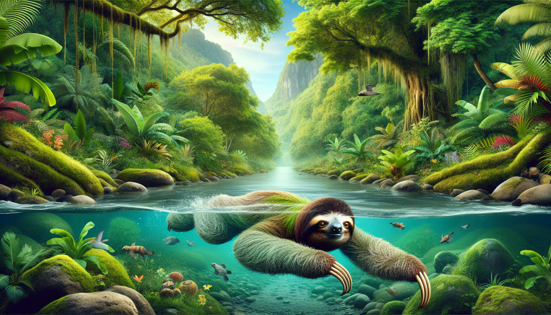 A visual representation portraying the unique skill of swimming mastered by sloths. Imagine a green, lush, and dense jungle scene where a river runs through it. A medium-sized, furry, brown sloth is slowly swimming in the river. It's amazingly calm and in no rush, taking advantage of its webbed claws to streamline through the clear river water. The fauna and flora around are vibrant, with various tropical plants and trees that offer a soothing background. All the elements in the image, including the sloth, jungle, and river, exclude any textual context, logos, or brand names.