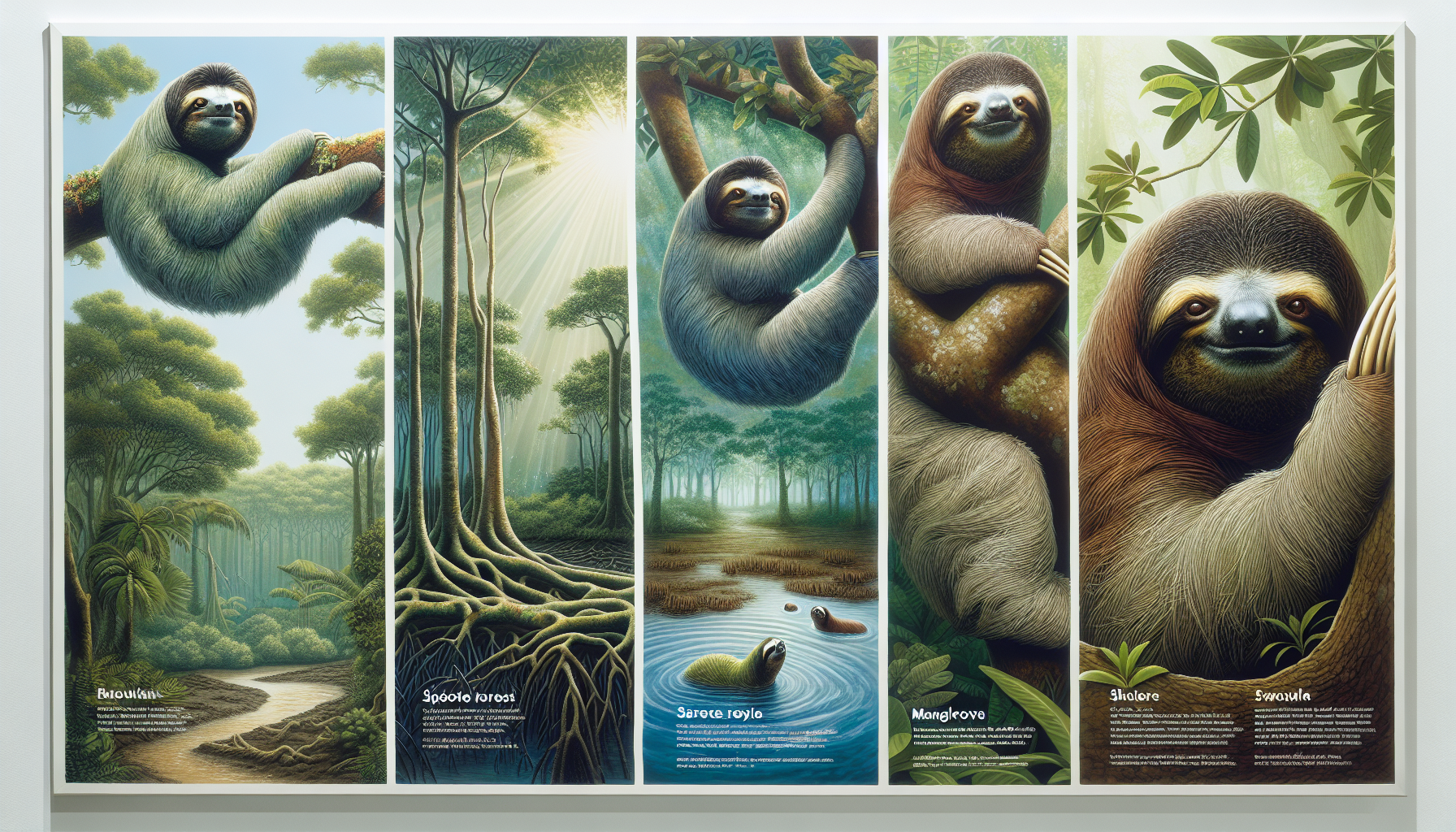 An informative depiction showcasing diverse habitats of sloths from around the globe. The image includes a series of visually distinct environments: a dense and verdant rainforest with many tree canopies where a sloth is hanging lazily; a sparse forest having a cooler climate, here a sloth is seen wrapped around a thick tree bark. Next, there's a sunlit mangrove swamp, where a sloth is swimming in the shallow waters. Lastly, an image of a sloth's nest found high in the tree branches inside a thick forest.