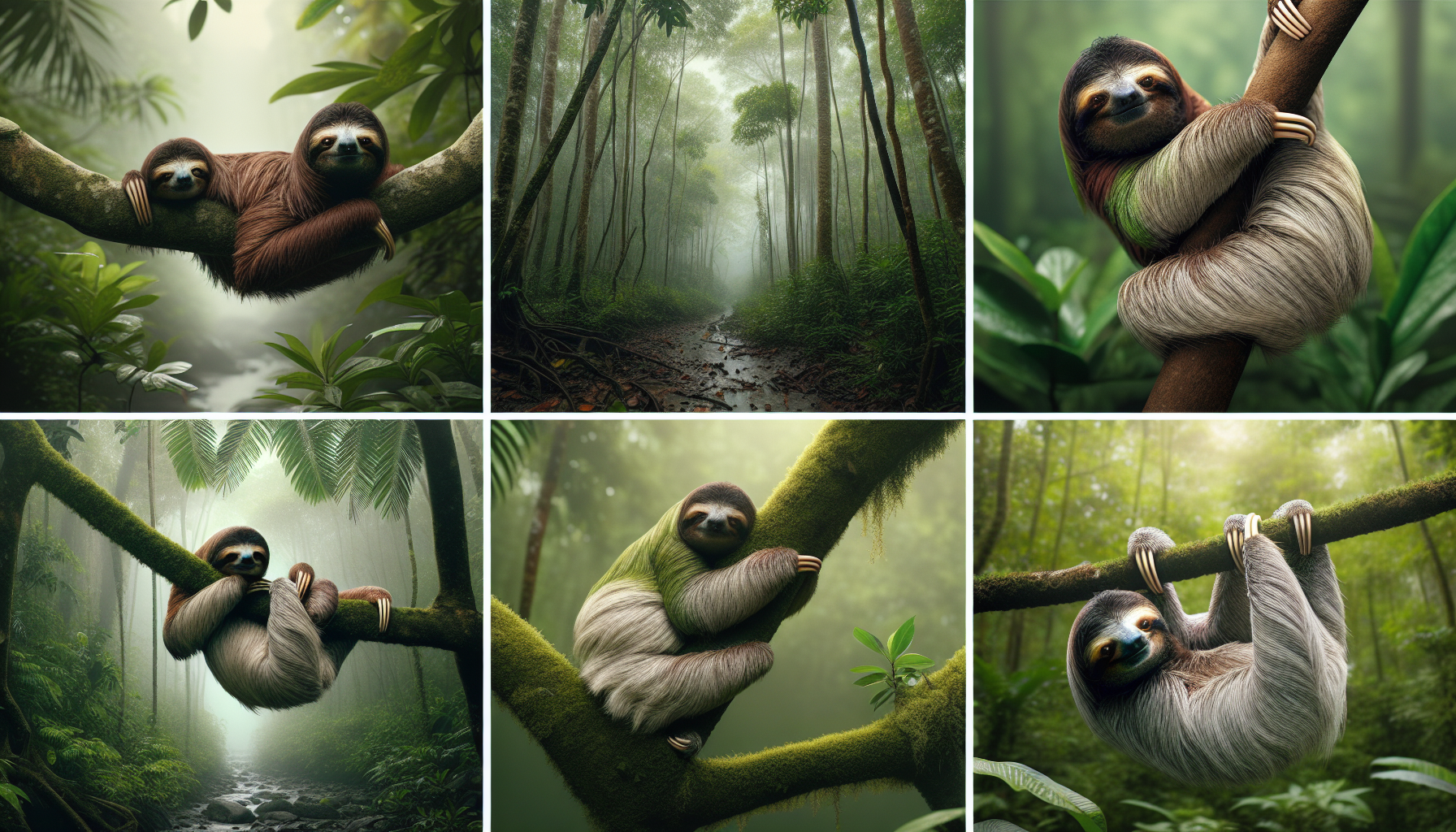 A series of images showcasing different species of sloths in their natural habitats. The first image features a Brown-throated Sloth leisurely hanging from a tree branch in a dense rainforest. The next image displays a Pygmy Three-toed Sloth lazily stretching out on a mangrove branch. The last image depicts a Maned Three-toed Sloth peeking through lush jungle foliage. Note that there are no humans, text, or brand names anywhere in these images.