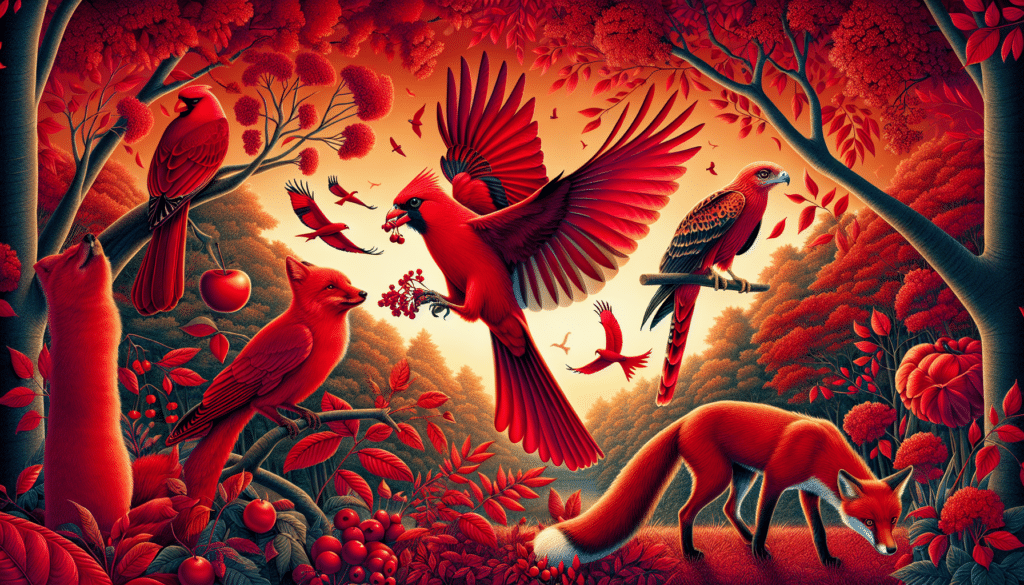 Visualize a striking and energetic scene filled with red animals. To start, conceive an entirely crimson cardinal perched on a branch of a scarlet tree. Nearby, a ruby red fox trots calmly along the woodland floor, its saturated fur glowing vibrantly against the greenery. High in the sky, a pair of red kites swirl, their fiery plumage as radiant as the setting sun. Among the leaves, a vivid red squirrel nibbles on a nut. No text or human figures are present in this composition, just the enchanting world of ruby fauna and florals.