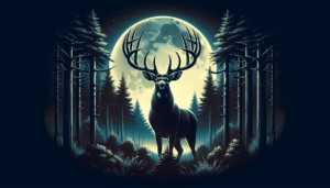A night-time forest scene, illustrating a majestic, regal buck standing proud and tall. The moonlight cascading down on its impressive antlers, illuminating them and making them seem even larger than they are. The ambiance hints at mystery and legend - highlighting the unspoken tales of the creature's existence. No people, text, or brand names can be seen, it's just the buck in its natural, untouched environment.