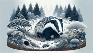A detailed visualization of a badger in its natural habitat, surrounded by rich biodiversity. The badger is showcased in the middle of the image, with its characteristic gray body, black and white-striped face, and small, sharp claws. Depict trees and a burrow nearby. The image conveys the daily life of the badger without any human intervention or presence. No texts, brand names, or logos are included.
