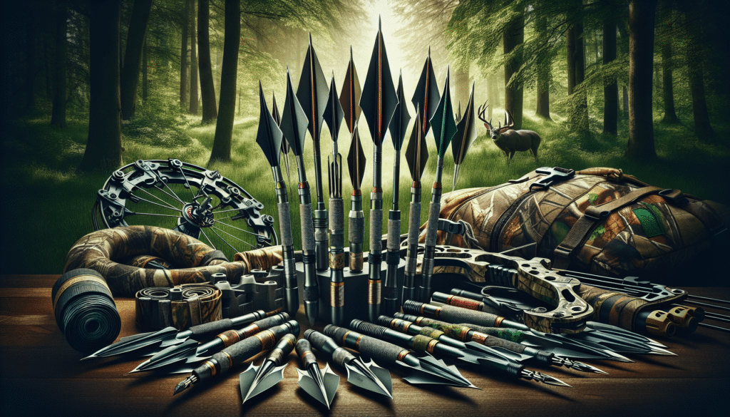Generate an image representative of a hunting equipment review, specifically focusing on broadheads, a type of arrowhead often used in hunting. The scene should depict a varied collection of broadheads arranged in a standout display against a backdrop of lush, verdant woods, indicative of a typical hunting environment. Also, incorporate a hunter's bow, quiver, and hunting camouflage patterns but absent of any specific brand motifs. Ensure no human figures or text features in any part of the scene. Emphasize the quality and sharpness of the broadheads to portray their potential effectiveness in a hunt.