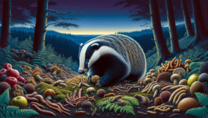 A vivid depiction of a typical European badger in the wild, enjoying its feast in dusk. This particular nocturnal animal is engrossed in foraging for food. In front of the furry creature is a scatter of food, including earthworms, large insects, and small mammals, and a particular emphasis is placed on showing an elusive truffle, showcasing its diverse diet. The landscape around the badger is designed to mimic its natural habitat: a woodland with mature trees, ferns, and damp soil, all under a twilight sky. There are no human figures, text, brand names or logos in the image.