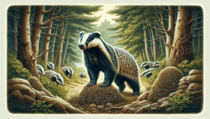 An illustrative image showcasing the toughness of badgers. A scene in the wilderness where a lone badger stands with its strong stance that signifies its toughness. The badger’s fur is thick, glossy and striped. It can be seen eyeing a hive of bees unperturbed, perhaps indicative of its resilience. The natural surroundings are dense with trees, bushes and rocks but the focus remains on the badger, exemplifying its tenacity and unyielding spirit. No humans, text or brands are included in this composition.