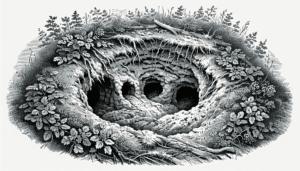 A detailed illustration of a typical badger sett seen in nature. The sett should be nestled within a forested environment, the opening of the hole clearly visible amidst the surrounding foliage. There should be telltale signs of badger activity such as claw marks or bedding material near the entrance. The sett should be complex and intricate, with multiple entrances suggesting an interweaving network of tunnels and burrows within, without any text or human presence in the image.