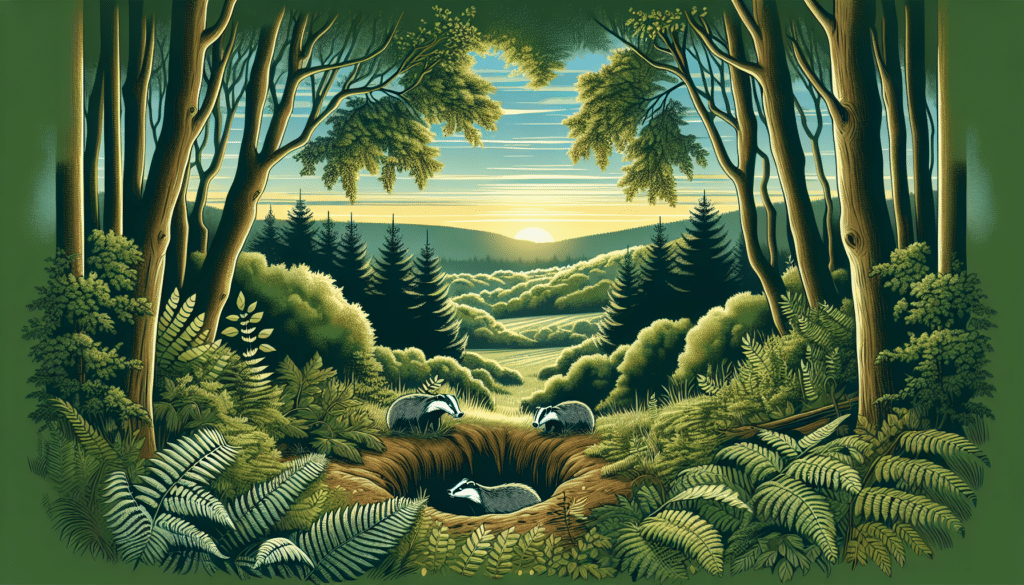 Illustrate a representative environment where badgers are commonly found. Conjure up a detailed image of a forested landscape during sunrise, with a characteristic badger sett visible amidst the lush green foliage. No human figures, brand logos, or textual content should be included in this scenario. The image should serve as a visual explanation of a badger's typical habitat without explicitly mentioning the title of the article.