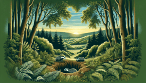Illustrate a representative environment where badgers are commonly found. Conjure up a detailed image of a forested landscape during sunrise, with a characteristic badger sett visible amidst the lush green foliage. No human figures, brand logos, or textual content should be included in this scenario. The image should serve as a visual explanation of a badger's typical habitat without explicitly mentioning the title of the article.