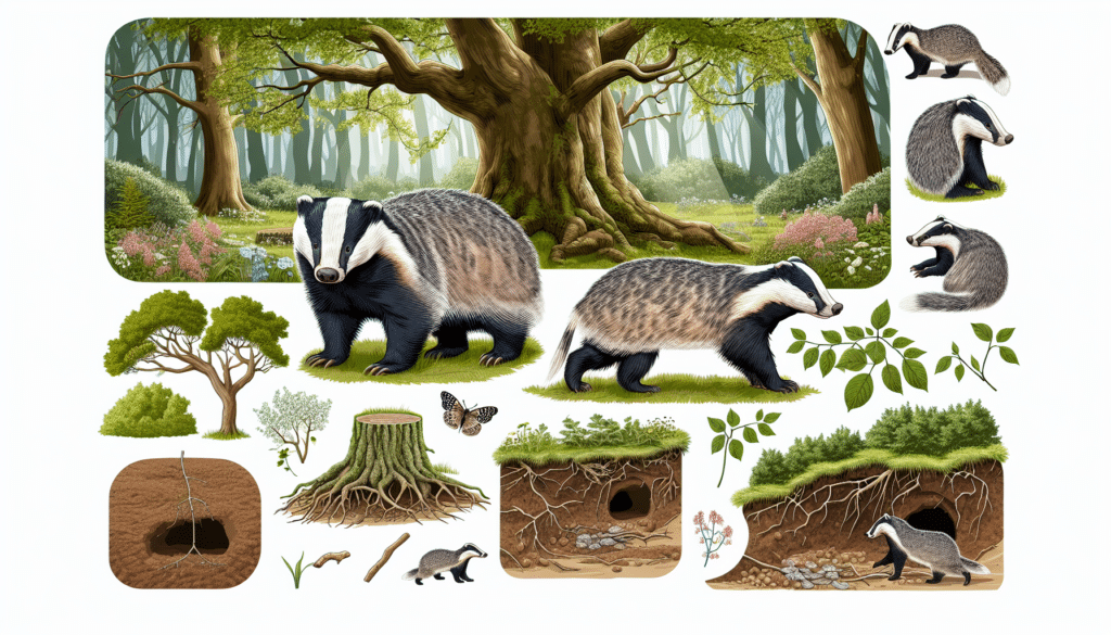 A scenic representation of various essential elements related to a badger. Depict a lively woodland environment, with typical badger habitat like burrows in the shadows of large, shady trees. Show a single badger in the foreground to emphasize its significant characteristics - the badger's distinctive black and white marked face and grey body, small eyes and ears, its sharp claws meant for digging. The forest should contain other types of flora and fauna typically found in the same habitat as a badger but not distracting the primary focus on the badger.