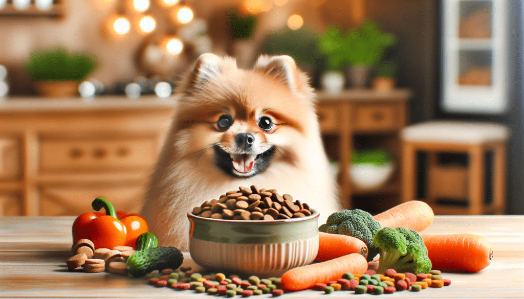A visually appealing image displaying an informative guide on Pomeranian nutrition. The main focus is a Pomeranian dog cheerfully waiting next to an unbranded ceramic bowl filled with assorted nutritious dog food, rich in protein and vitamins. Surrounding the bowl, lay different types of vegetables and kibbles, signifying the various food options for Pomeranians. The background is a blur of a warm lit kitchen, suggesting a home environment, with no people or text to be seen throughout the image.