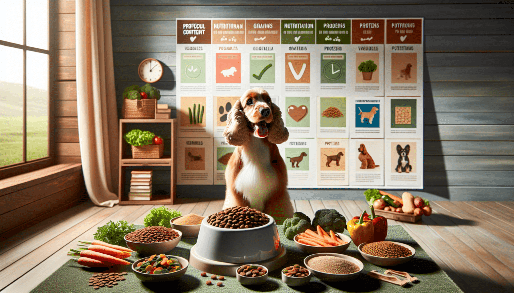 A well-illuminated room with a bowl filled with delicious, nutrition-packed dog food. Nearby, a healthy Cocker Spaniel is eagerly anticipating his meal, tail wagging in uncontainable excitement. On the table, there are organized piles of properly portioned vegetables, grains, and proteins designated for canine diet needs. Informational flashcards dotting the space present the ideal nutritional content for Cocker Spaniels, including the perfect balance of nutrients for their breed. Everything is organized neatly and professionally. The color palette is warm and welcoming, promoting a notion of health and vitality.