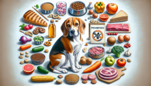 An exhaustive visual representation of a beagle nutrition guide. In one part of the image, illustrate a content, healthy looking beagle dog sitting next to a variety of nutritionally balanced, unbranded food items such as vegetables, proteins, and grains commonly recommended for a beagle's diet. In another portion of the scene, include a representation of the prohibited food for beagles in a subdued or crossed-out style to indicate they should be avoided. The entire arrangement should be clean, bright, and well organized, ensuring it serves as a visual guide sans the use of any text or human figures.