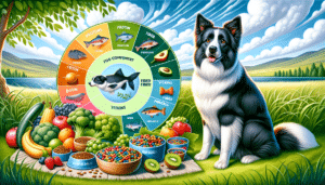 An illustration representing the theme of Border Collie nutrition. Picture a well-groomed and healthy Border Collie in a vibrant, grassy outdoor setting, gazing attentively at a bowl filled with colorful variety of dog-friendly fruits, vegetables, and unbranded dog kibble. Beside the bowl, place a diagram showing the different food components like proteins, fiber, vitamins, and minerals needed by the dog for a balanced diet, visually represented through related food items - a fish for protein, broccoli for fiber, etc. Maintain a bright, welcoming and informative tone, reflecting the positive aspect of providing the best diet for such a beloved pet.