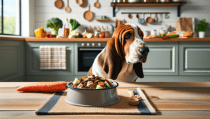 Visualize an informative scene that might accompany a nutrition guide focusing on Basset Hounds. The setting is a clean, bright kitchen with a bowl of dog food on a mat. The food consists of dry kibbles mixed with fresh veggies and protein like chicken or fish, embodying the best nutrition for Basset Hounds. A Basset Hound is sitting nearby, its ears perked up and attention fully on the food. In the background, ingredients that are beneficial to dog nutrition, like fresh vegetables, meat, and fish, are displayed on the countertop. All brands, logos, people, and text within the image are absent.
