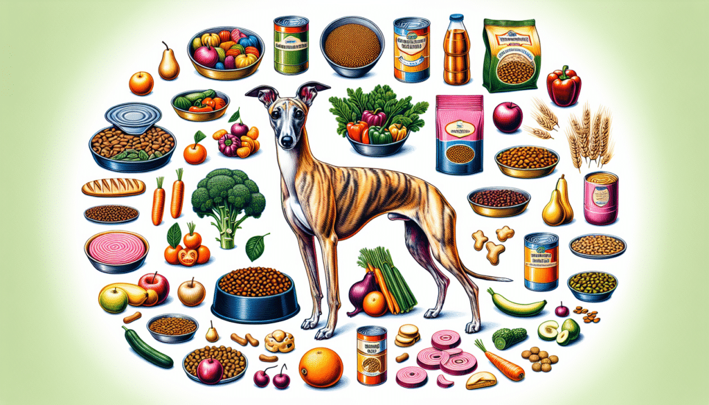 An illustrative image to depict a Whippet dog's nutrition guide. The central focus is a healthy, glossy-furred Whippet dog in a standing pose. Surrounding the dog are various types of dog food items presented aesthetically such as raw vegetables, fruits, and grains. Also include generic cans and packets of dog food, ensuring there are no brand names or logos visible. Each food item is artistically arranged, ensuring that it stands out in the representation of a balanced diet for Whippets, with no text on any of the items.