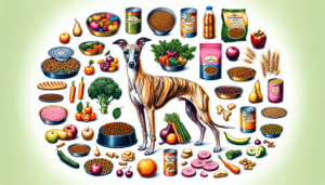 An illustrative image to depict a Whippet dog's nutrition guide. The central focus is a healthy, glossy-furred Whippet dog in a standing pose. Surrounding the dog are various types of dog food items presented aesthetically such as raw vegetables, fruits, and grains. Also include generic cans and packets of dog food, ensuring there are no brand names or logos visible. Each food item is artistically arranged, ensuring that it stands out in the representation of a balanced diet for Whippets, with no text on any of the items.