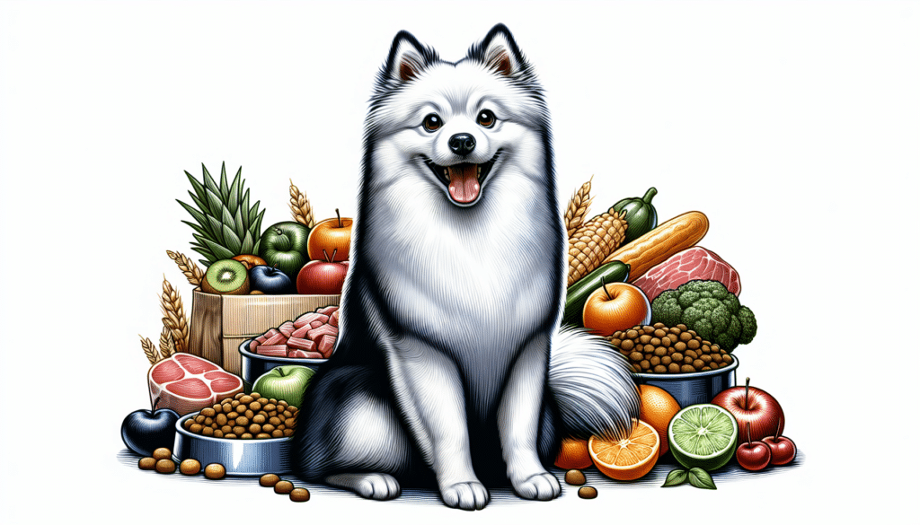 An illustration of an American Eskimo Dog, energetic and well-groomed, sitting in front of an array of healthy dog food. The food items can include, but are not limited to: fresh meats, fruits, vegetables, and grains. The dog is looking enthusiastically towards the food with a glossy coat, sharp eyes and an excited tail, reflecting the good health obtained from a balanced diet. Remember, the image must not contain any text, brand names, logos, or people.