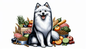 An illustration of an American Eskimo Dog, energetic and well-groomed, sitting in front of an array of healthy dog food. The food items can include, but are not limited to: fresh meats, fruits, vegetables, and grains. The dog is looking enthusiastically towards the food with a glossy coat, sharp eyes and an excited tail, reflecting the good health obtained from a balanced diet. Remember, the image must not contain any text, brand names, logos, or people.