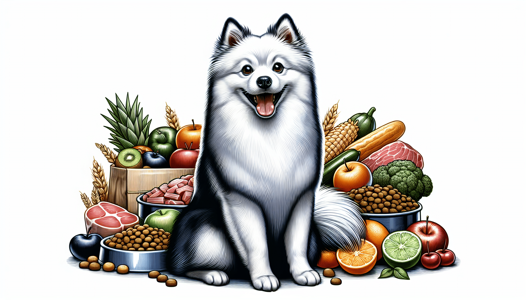 An illustration of an American Eskimo Dog, energetic and well-groomed, sitting in front of an array of healthy dog food. The food items can include, but are not limited to: fresh meats, fruits, vegetables, and grains. The dog is looking enthusiastically towards the food with a glossy coat, sharp eyes and an excited tail, reflecting the good health obtained from a balanced diet. Remember, the image must not contain any text, brand names, logos, or people.