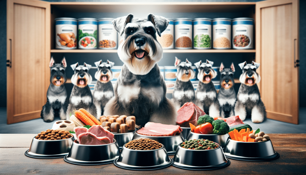An image that depicts Standard Schnauzer dogs happily feasting on a smorgasbord of healthy foods such as fresh vegetables, lean meats, and whole grains, arranged carefully in dog bowls, without people's presence. At the center, a well-built adult Standard Schnauzer sitting comfortably, eagerly eyeing the food. In the background, vague imagery of a pantry with various unbranded containers filled with dog food ingredients. Make sure no text or brand logos are visible on any item within this depiction.