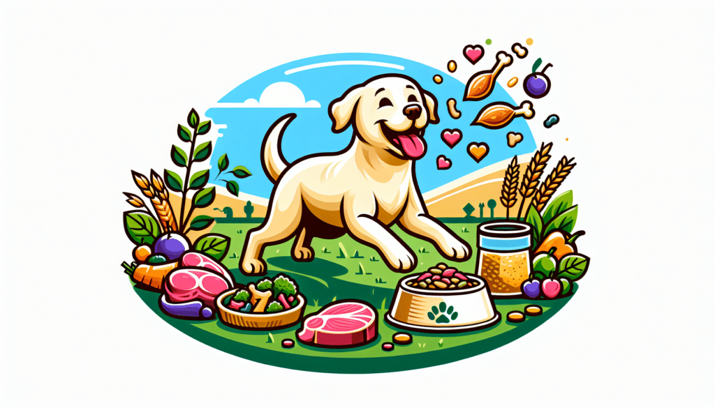 An illustration that embodies the concept of a Labrador Retriever's nutritional guide. The image should depict a well-fed and healthy Labrador Retriever happily playing in a garden. Nearby, a bowl filled with a variety of nutritious food items such as meats, vegetables, and grains is visible. This is meant to represent the ideal diet for a Labrador. Please avoid including any text, brand names, logos, or humans in the image.