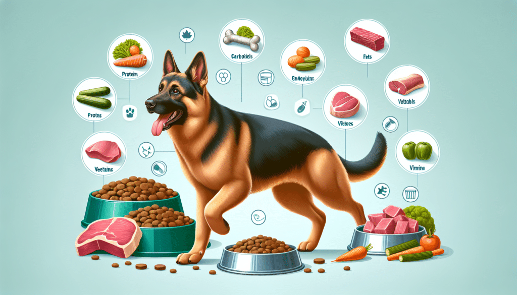 An illustrative image of a healthy German Shepherd appearing strong, active and in perfect shape. The dog is joyfully standing near various dog foods, such as dry kibble, raw meat, vegetables, and bowl of water, showcasing a nutritious and balanced diet. There are also icons indicating essential nutrients like proteins, carbohydrates, fats, vitamins and minerals surrounding these foods. Ensure all brandings, logos, and human figures are omitted from the image.