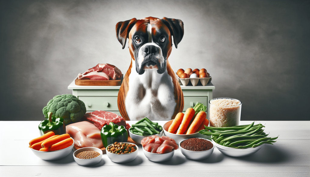 An image displaying a variety of healthy foods known to be beneficial for Boxers including meats like chicken and beef, vegetables such as carrots and green beans, and complex carbohydrates like brown rice. Everything is spread out in front of a Boxer dog who is looking attentively at the food. The dog is in a healthy physique showing the results of proper nutrition. The background is simple and clear. No text, humans, brand names, or logos are present in the image.
