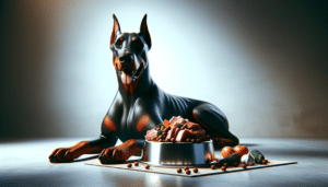 A good diet for a Doberman Pinscher lying near a bowl filled with a carefully balanced and healthy dog food, comprised of raw meats, grains and vegetables. The dog is gleaming with health, signifying that this is the appropriate meal for its nutritional needs. The space is devoid of humans or any brand names and logos. The bowl of dog food is placed on a simple mat. No text or inscriptions are present on any of the objects in the image, keeping it purely visual.
