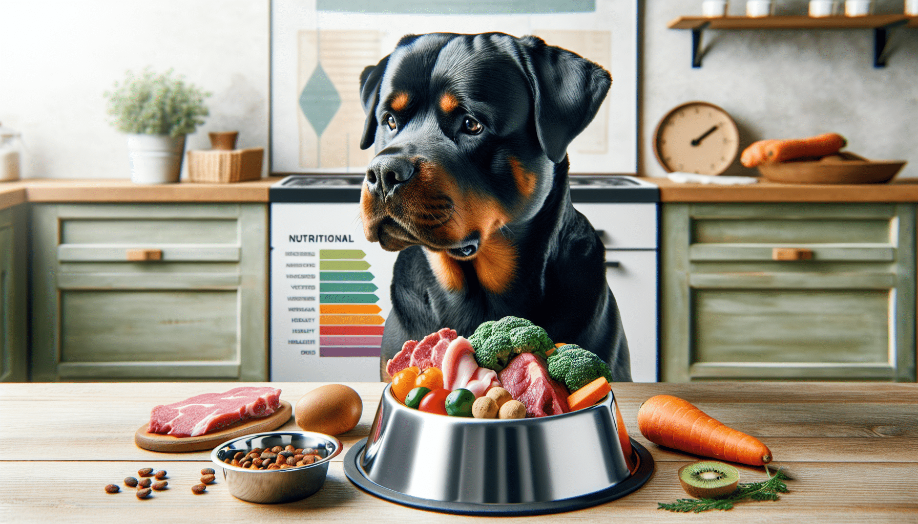 An illustration of a robust and healthy Rottweiler sitting by a silver food bowl filled with a bounty of nutritious food: lean meats, colorful vegetables, healthy grains, and fruits. The dog's nose is pointed towards the food, demonstrating a keen interest. A scale and a chart representing nutritional information are placed behind the food bowl, indicating the balance of the diet provided. The setting is an unbranded and clean kitchen environment, with light hues of wooden furniture in the background. The image embodies the concept of holistic nutrition for Rottweilers.